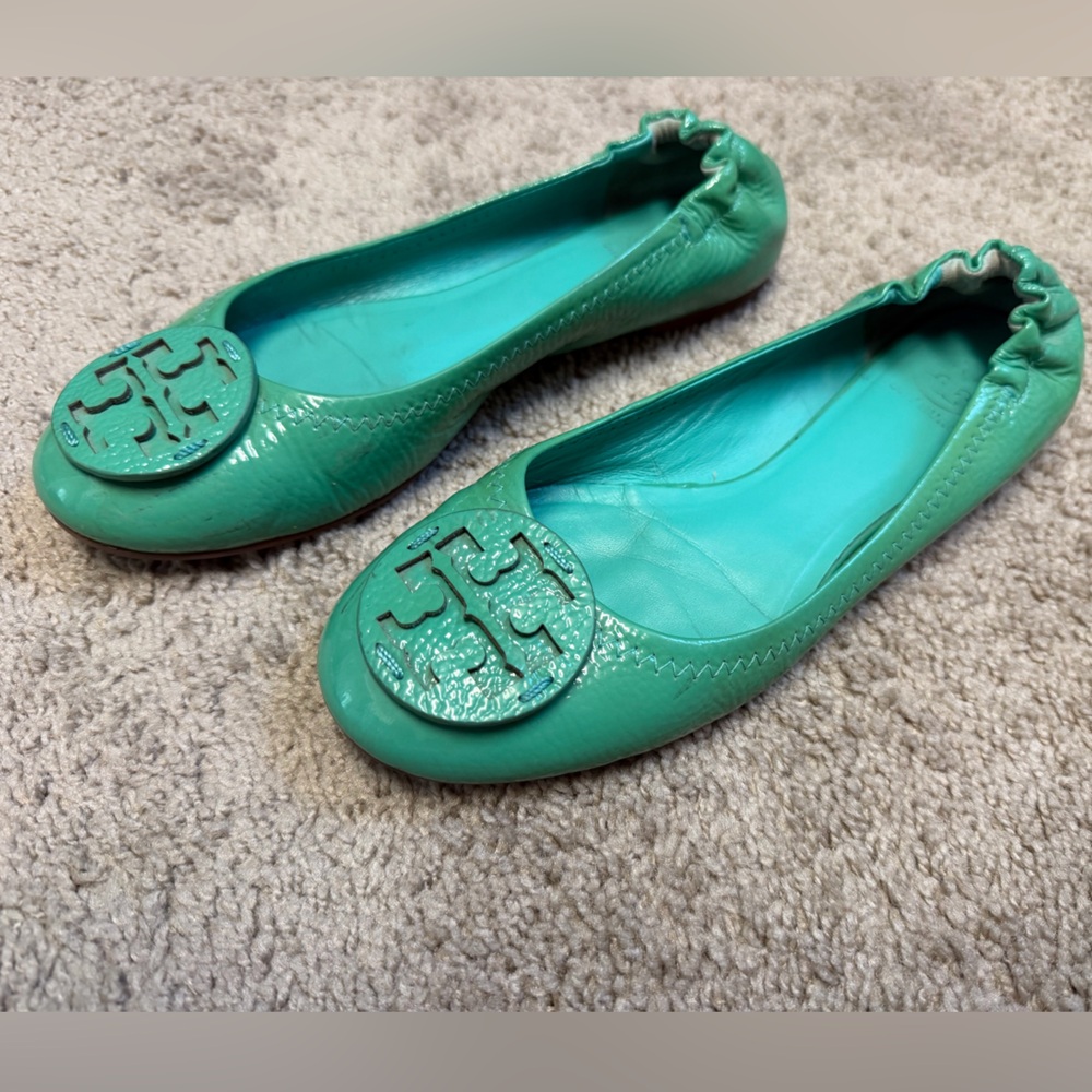 Tory Burch Turquoise Leather Logo Ballet Flats